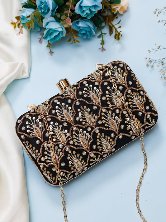 Swisni embroidered black clutch