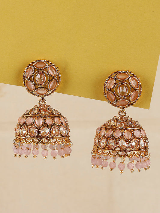 Swisni Alloy Golden Jhumki Earring Light Pink Beads For Women|For Girls|Gifting|Anniversary|Birthday|Girlfriend