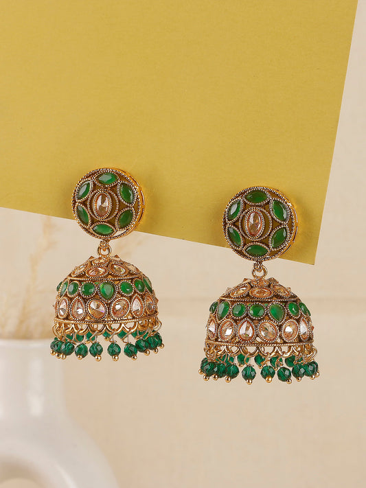 Swisni Alloy Golden Jhumki Earrings with Green Beads For Women|For Girls|Gifting|Anniversary|Birthday|Girlfriend