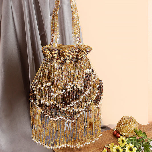 SWISNI GOLDEN TASSEL POTLI BAG