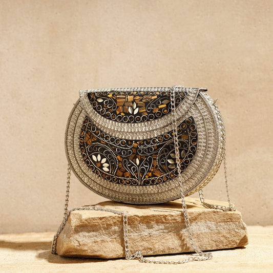 SWISNI SILVER METAL MOSAIC CLUTCH BAG